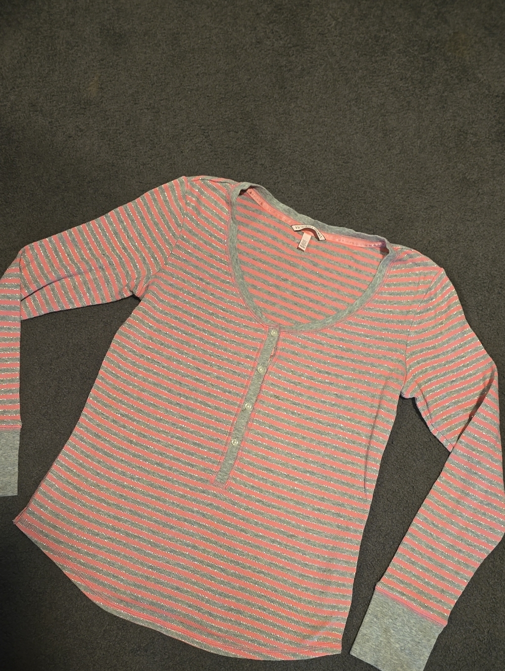 Victoria's Secret Pink and Gray Striped Scoop Henley Top